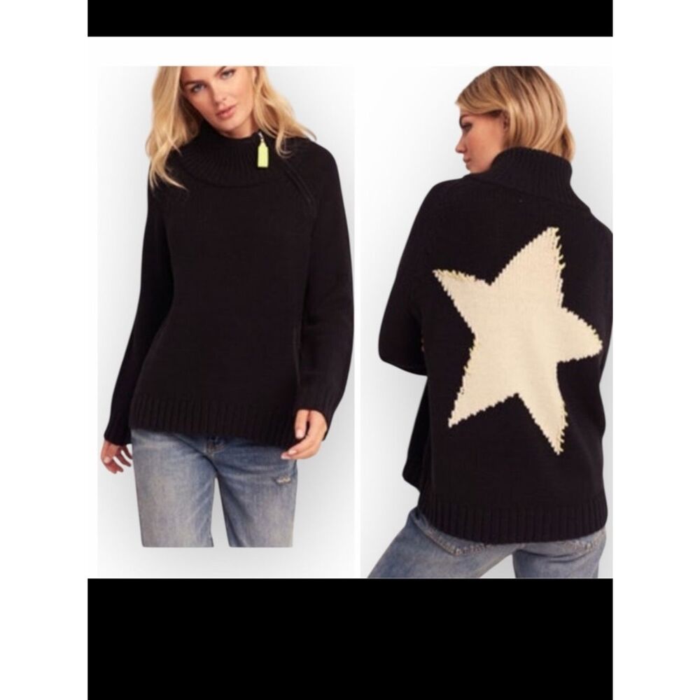 Lisa Todd Star Light Zip Funnel Neck Sweater Black Cotton Blend Relaxed Fit M
